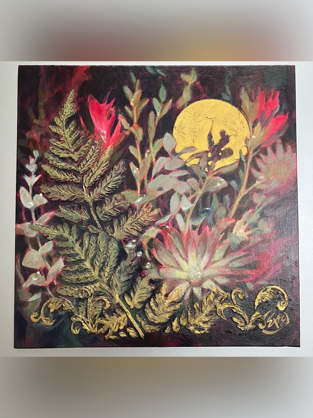ORIGINAL floral still life painting fern garden art realism gold 3D artwork USA